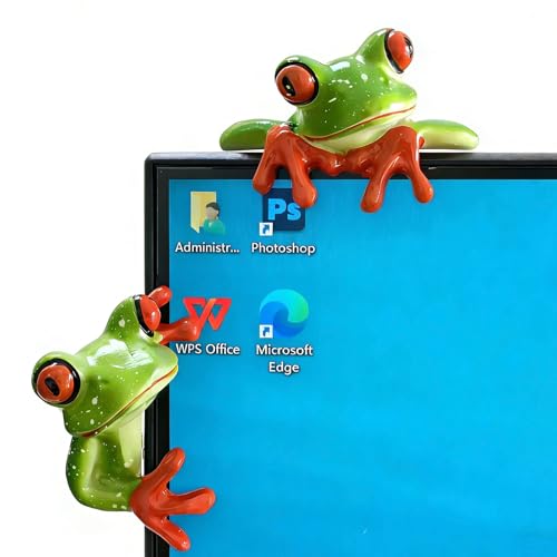 2 PCS Funny Resin Frogs Decor, 3D Creative Craft Frog Gifts Cute Frog Figurine Computer Monitor Plant Pot Office Desk Decor Personalized Car Dashboard Decorations Rearview Mirror Accessories