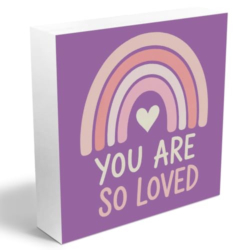 You Are So Loved Rainbow Heart Wood Box Sign Purple Desk Decor Inspirational Quotes Wooden Block Box Sign Purple Office Decoration Signs for Nursery Playroom Shelf Table Decorative Accessories - color: You are so love