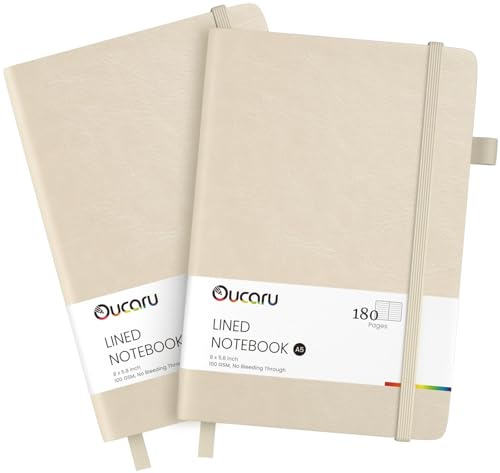 Oucaru Lined Journal Notebook, 2 Pack, 180 Pages, A5 Journals for Writing, 100 GSM Thick Paper, Small Notebooks Daily Journal for Women Men Work, Business, School, Travel Supplies - color: Beige & Beige, size: 2 Pack