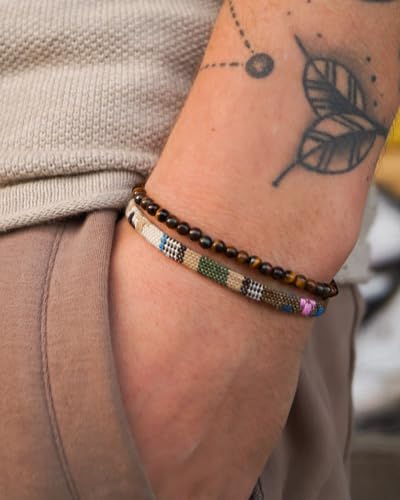 Made by Nami 2 Pcs Boho Surfer Bracelets for Men and Women Waterproof and Adjustable Beach Bracelets for Men and Women Set of 2 Beaded & Braided - color: Tiger-Eyes & Safari