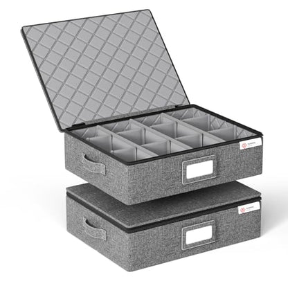 Cup and Mug Storage Box with Hard Shell and Dividers for Coffee Mugs,Tea Cups and Glasses,Stackable Storage Organizers with Lid,Handles,Zips and Lable for Moving,Holds 12,2 Pack, Grey - style: 2 Pack Mug and Cup Storage