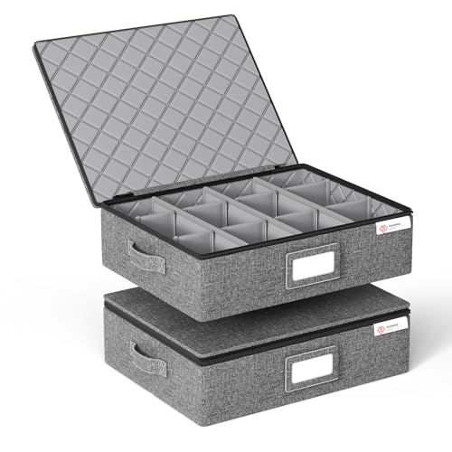 Cup and Mug Storage Box with Hard Shell and Dividers for Coffee Mugs,Tea Cups and Glasses,Stackable Storage Organizers with Lid,Handles,Zips and Lable for Moving,Holds 12,2 Pack, Grey - style: 2 Pack Mug and Cup Storage