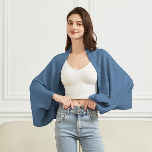 BRYCTSISEN Women's Lightweight Wool Shawl Wrap Scarf with Sleeves Outer Warm Knitted Open Front Poncho Cape Fall Winter - color: Blue