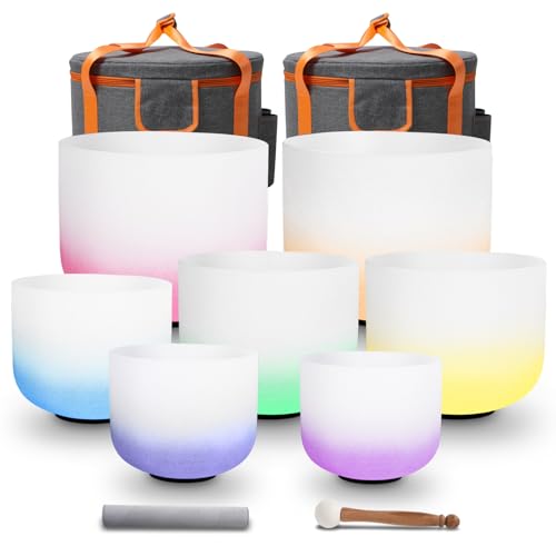 Set of 7 size 6-12 inch Gradient Color Chakra Tuned 432hz Quartz Crystal Singing Bowls with Heavy Duty Carrying Cases and Singing Bowl Mallets - color: Set of 7, Gradient