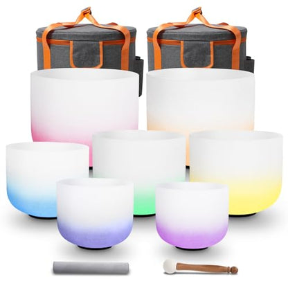 Set of 7 size 6-12 inch Gradient Color Chakra Tuned 432hz Quartz Crystal Singing Bowls with Heavy Duty Carrying Cases and Singing Bowl Mallets - color: Set of 7, Gradient