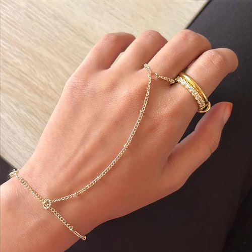 3PCS 14K Gold-Plated Hand Chain Bracelets for Women, Stack Bracelets Set Adjustable, Trendy Dainty Ring Bracelet Hand Chain - color: gold-3-cz2