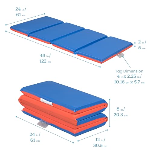 ECR4Kids Premium Folding Rest Mat, 4-Section, 2in, Sleeping Pad, Blue/Red
