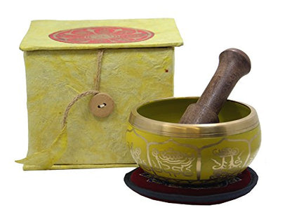 Tibetan 8 Lucky Symbols Yoga Meditation Singing Bowl/Mallet/Cushion/Box Set (Yellow)