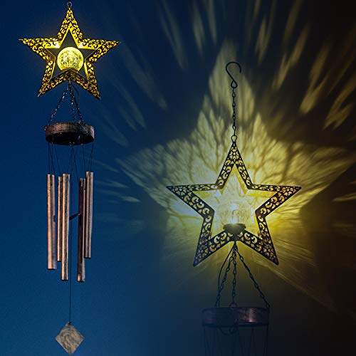 Solar Wind Chimes, Star Wind Chime Crackle Glass Ball Warm LED Light, Outside Hanging Outdoor Decor with Metal Tubes Unique Memorial Sympathy Gift for Wife Mom Grandma