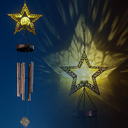 Solar Wind Chimes, Star Wind Chime Crackle Glass Ball Warm LED Light, Outside Hanging Outdoor Decor with Metal Tubes Unique Memorial Sympathy Gift for Wife Mom Grandma
