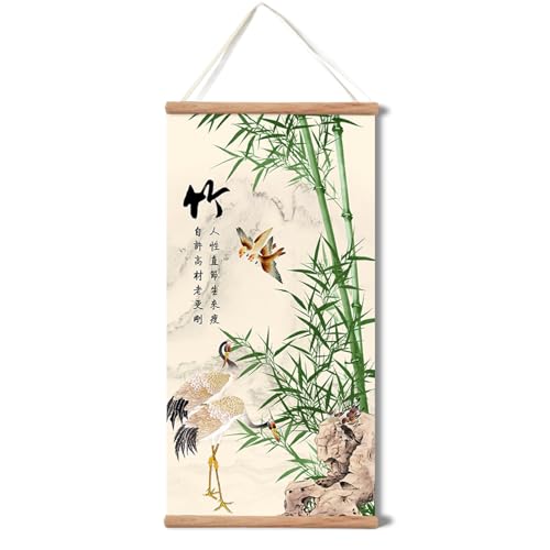 xinyuru Plum Bossom Chrysanthemum Bamboo Orchid Painting,Wall Art for Living Room Bedroom,Chinese Traditional Meticulous Painting,Posters and Printing,Fixed Wooden Hanging Scroll (Bamboo, 16”x32”) - color: Bamboo, size: 32"L x 16"W