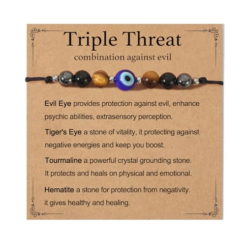 Triple Threat Protection Bracelet for Women,Evil Eye Natural Healing Crystal Beaded Bracelet for Protection - style: Evil Eye Bracelet (Triple Threat)