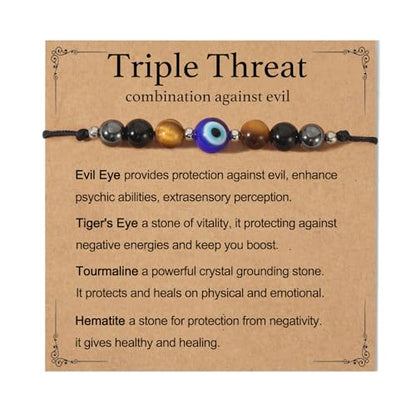 Triple Threat Protection Bracelet for Women,Evil Eye Natural Healing Crystal Beaded Bracelet for Protection - style: Evil Eye Bracelet (Triple Threat)