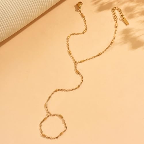 18K Gold Plated Hand Chain Bracelets for Women, Dainty Cubic Zirconia, Heart, Beads, Bamboo Link Charm Bracelet, Trendy Adjustable Finger Ring Bracelet, Hand Chain Jewelry, Christmas Gifts - style: Cylinder Hand Chain
