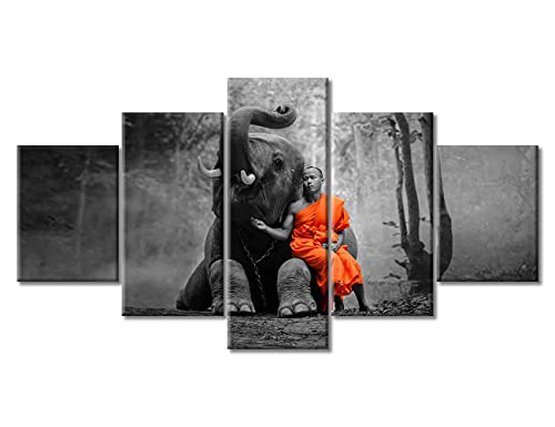 TUMOVO Wall Art for Living Room Thailand Zen Buddhist Bedroom Decor Thailand Elephant Wall Paintings 5 Panel Canvas Artwork for Home Walls Framed Ready to Hang Posters and Prints (60''Wx 32''H) - color: Artwork-04, size: 60''Wx32''H