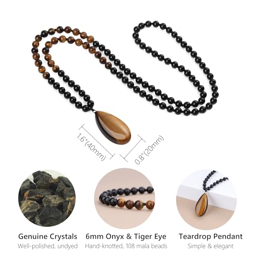 COAI Teardrop Pendant Necklace 108 Mala Stone Beaded Necklace, Prayer Beads Necklace for Women - style: Onyx & Tiger Eye