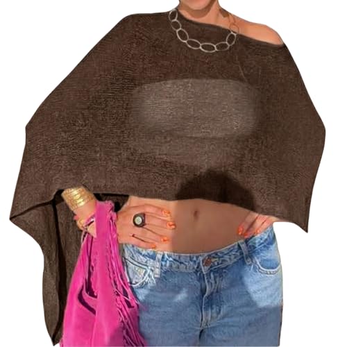 Women Sheer Poncho Top Knit Crochet Lightweight See Through Shawl Summer Shrug Beach Cover Up - color: A1 Chocolate