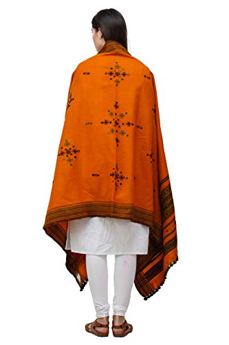 Exotic India Shawl from Kutch with Embroidered Bootis and Mirrors - Wool - color: Orange Ochre