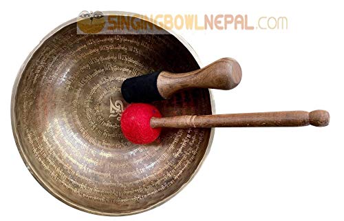 11" Healing Mantra Carved Buddha Root C Note Tibetan Singing Bowl, Hand Hammered Nepal Yoga Singing Bowls with Cushion & Mallet Striker