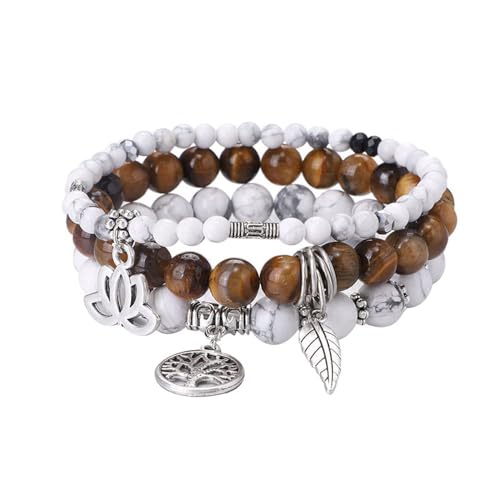 Tree of Life Yoga Healing Stone Bracelets,Multilayer Lotus Chakra Stone Reiki Bracelet Sets,Anxiety Crystal Natural Stone,for Women Stress Relief - style: White turquoise+Tiger's Eye stone