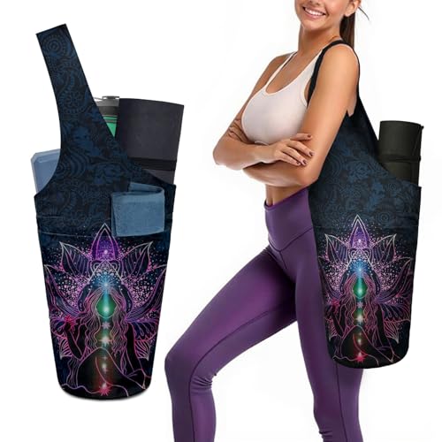 Yoga Mat Bag Carrier for Women with Side Large Pocket Durable Linen Workout Gym Travel Storage Pilates Mats - color: Purple Mandala Chakra
