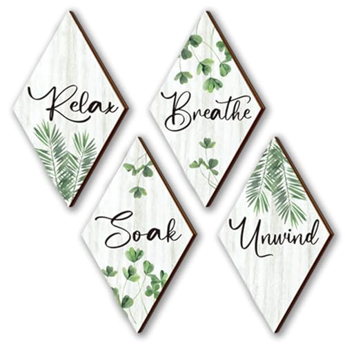 DONFENTHY 4 Pcs Green Wall Decor Farmhouse Bathroom Decors Relax Soak Unwind Breathe Wooden Sign Hanging Wall Art Green Accessories for Bedroom Living Room Office Vintage Decorations(12x7)