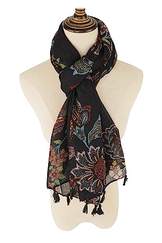 YOUR SMILE Large Boho Scarf for Women Lightweight Floral Printed Scarves Fall Winter Fashion Fringed Shawl wraps - color: 04 Navy Flower