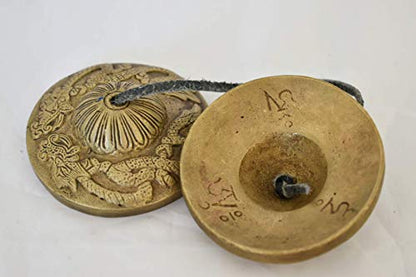 Tingsha/Tibetan Meditation Bell/Finger Cymbals with free Silk Case by Nepalese Handicraft Zone (2.8" Bronze Dragon)