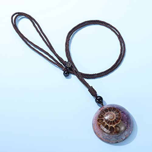 Jovivi 7 Chakra Gemstone Reki Healing Crystal Necklace Round Circle Shape Ammonite Fossil Resin Chip Stones Pendant Necklace for Women Men Life Tree Jewelry Christmas Gifts - color: Ammonite Fossil - Amethyst+Aquamarine+Rose Quartz