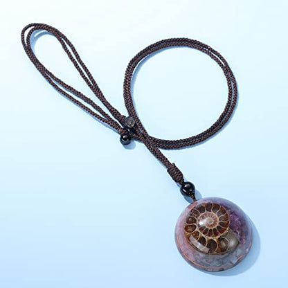 Jovivi 7 Chakra Gemstone Reki Healing Crystal Necklace Round Circle Shape Ammonite Fossil Resin Chip Stones Pendant Necklace for Women Men Life Tree Jewelry Christmas Gifts - color: Ammonite Fossil - Amethyst+Aquamarine+Rose Quartz