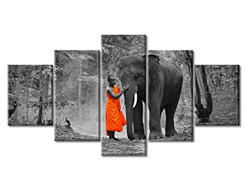 House Decorations for Living Room Thai Buddhist Monks Wall Decor Thailand Zen Buddhist Wall Paintings 5 Panel Posters and Prints Elephant Pictures Home Decor Framed Ready to Hang (60''Wx 32''H) - color: Artwork-01, size: 60''Wx32''H