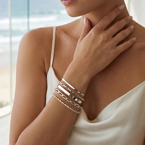 Dainty Gold Bracelet for Women Stack, Thin Bracelets Stackable Set with Bangle Cuff, Box, Herringbone, Paperclip, Figaro, Sparkling Link Chains Waterproof, Simple Jewelry Gifts for Women Non Tarnish - color: style 03-silver