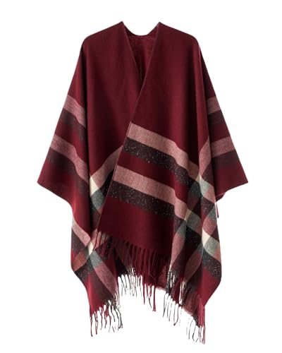 Shawl Wraps for Women, Elegant Knitted Cape Open Front Poncho Scarf Blanket Cardigan Coat for Spring, Autumn, and Winter - color: Red Beige