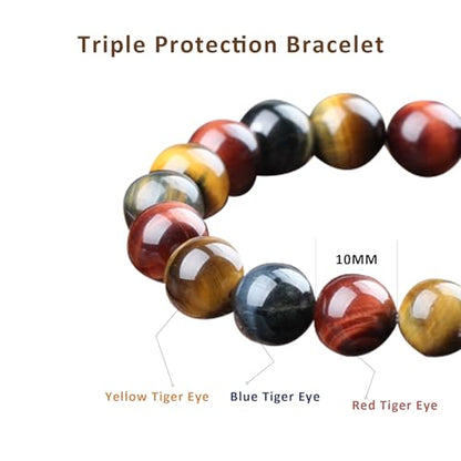 Tiger Eye Bracelets for Women Men, Triple Protection Chakra Beaded Bracelet, Relax Anxiety Healing Crystal Bracelet Jewelry for Balance, Natural Gemstones Bracelets Gifts for Women Birthday - style: 10MM