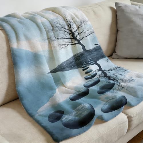 Zen Stones Throw Blanket Ink Wash SPA Decorative Blankets Orchid Rocks Flannel Blanket Black White Gray Meditation Plush Throw for Living Room Bedroom Home Decor 59"x86" - color: Grey, size: 59"x86"