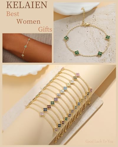 Birthstone Gold Clover Bracelet Dainty 14K Gold Plated Cute Friendship Stackable Bracelets for Women No Tarnish Trendy Charm Best Friend Bracelet Stack for Birthday Jewelry - color: 05. May(Emerald)