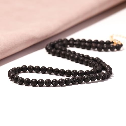 Simple Choker Necklace for Women Real Stone and Crystals Necklaces 4mm Beaded Choker Jewelry Meditation Gift for Women (16"+2") - style: Lava Stone