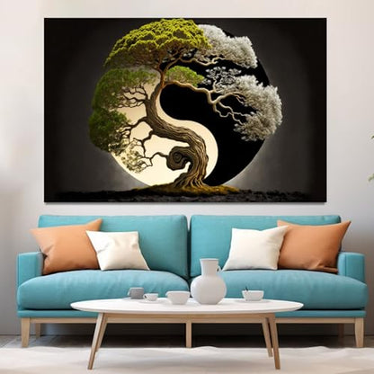 Yin And Yang Wall Art, Abstract Bonsai Tree Wall Art, Zen Meditation Wall Decor, Modern Yin Yang Framed Poster For Bedroom Ready To Hang (Framed,16×24 inch) - size: 24"L x 16"W