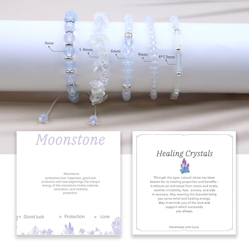5Pcs Healing Crystal Bracelet for Women Men, Handmade Adjustable Gemstone Bracelets Beaded Reiki Energ Bracelet Set Jewelry Gifts for Women Men - color: Moonstone