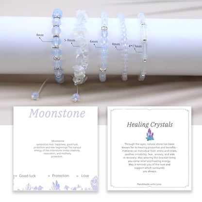 5Pcs Healing Crystal Bracelet for Women Men, Handmade Adjustable Gemstone Bracelets Beaded Reiki Energ Bracelet Set Jewelry Gifts for Women Men - color: Moonstone