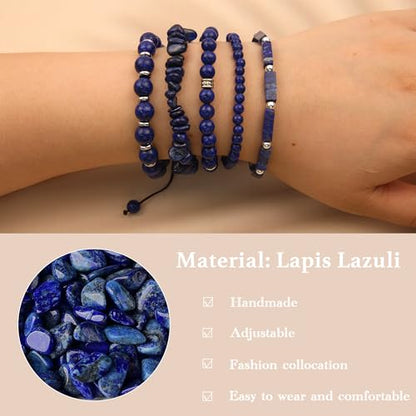 5Pcs Healing Crystal Bracelet for Women Men, Handmade Adjustable Gemstone Bracelets Beaded Reiki Energ Bracelet Set Jewelry Gifts for Women Men - color: Lapis lazuli