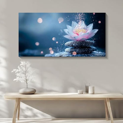 Iallbin Buddha Wall Art & Zen Wall Decor White Lotus on Water Canvas Painting - for Yoga Meditation Room, Spa & Bathroom, Iallbin Zen Stone Wall Art & Zen Wall Decor, Single Luminous Lotus Flowe Spiritually Uplifting Quality -for Yoga Meditation Room, Spa