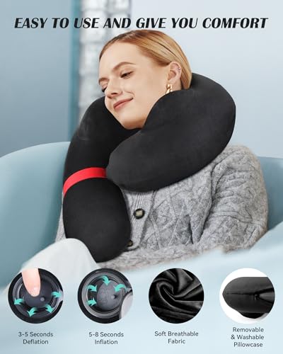 Patented Design Inflatable Travel Neck Pillow – Airplane Neck Pillow with 360° Head & Neck Support, Soft Washable Velvet Cover, Compact Neck Support Pillow for Airplane,Train,Car,Office & Home (Black) - color: Black