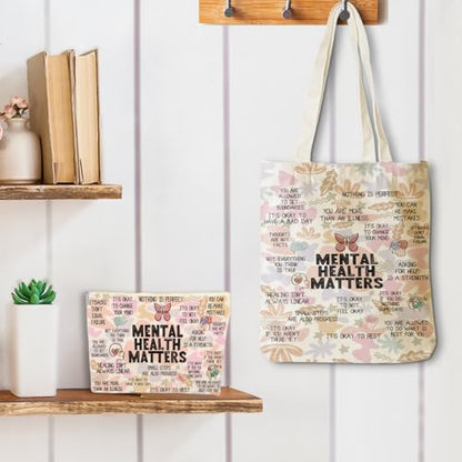 Mental Health Gifts for Women, 2PCS Cosmetic Bag Canvas Tote Bag Beach Bags with Pocket Makeup Bags Positive Mental Health Gifts Inspirational Gift for Women Friend Birthday Friendship Christmas - color: Mental Health1 0942