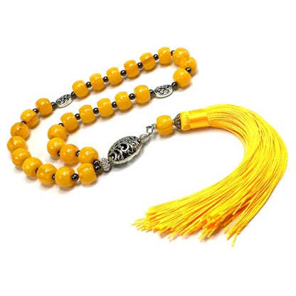 Mala Prayer Beads - Mala Necklace - Tibetan Mala Prayer Beads Meditation Beads Yoga Necklace - color: (POCKET MALA)-Yellow Resin Drum -13X9 mm- 27 Beads