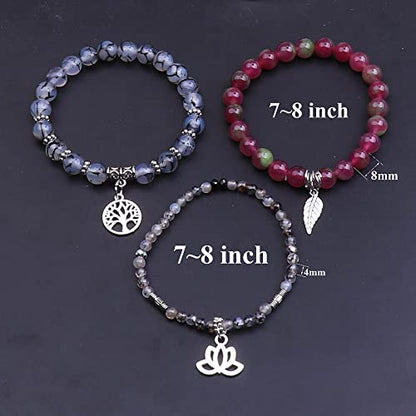 Tree of Life Yoga Healing Stone Bracelets,Multilayer Lotus Chakra Stone Reiki Bracelet Sets,Anxiety Crystal Natural Stone,for Women Stress Relief - style: Dragon pattern + flower jade