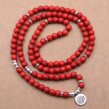 108 Mala Beads Bracelet Necklace - Gemstone Prayer Beads with Lotus Charm for Meditation & Yoga - style: Red Turquoise