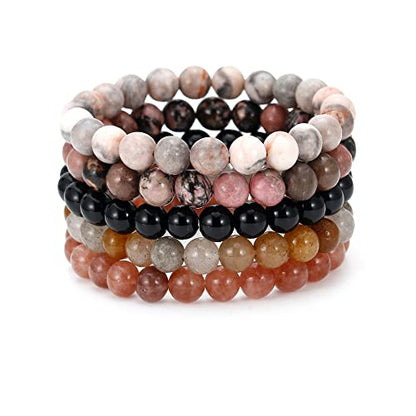 BOMAIL 5PCS Semi-Precious Gemstone Bracelet - Healing Crystal Stone Beaded Bracelets for Women Men 8mm Round Beaded Stretch Bracelets Unisex Yoga Bracelets - color: C