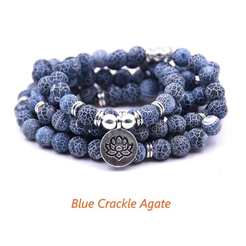 108 Mala Beads Bracelet Necklace - Gemstone Prayer Beads with Lotus Charm for Meditation & Yoga - style: Blue Crackle Agate