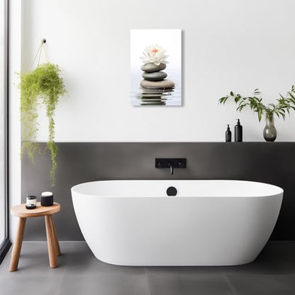 QIXIANG White Lotus Flower Canvas Wall Art Zen Stone Lotus Reflected on the Water Picture Prints for Serene Home Zen Enthusiasts Home Framed(Lotus-A,16.00" x 24.00") - color: Lotus-A, size: 16L" x 24W"